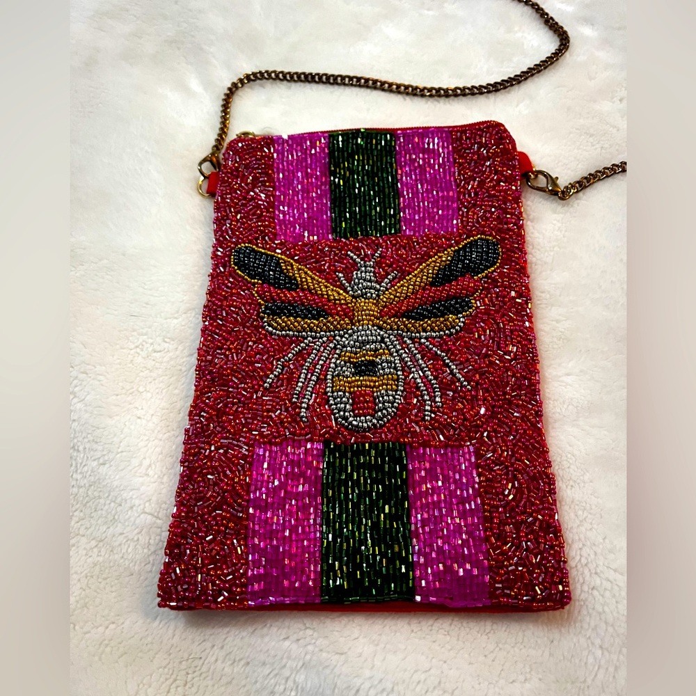 Beaded Red and Pink Crossbody Bee Bag